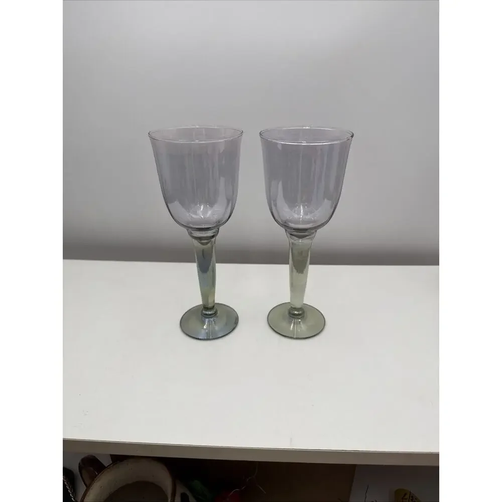 2 - La‎ Mediterranea Green Wine / Water Goblets. Hand Crafted 8.5” Tall EUC